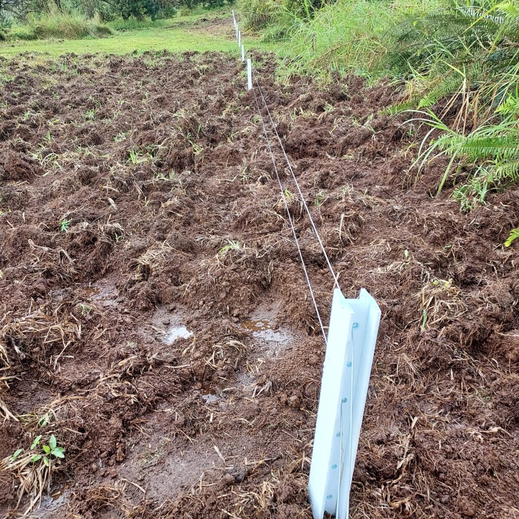 Here is an example of a 2 wire pig fence we installed. Notice how the pigs tore up the ground down to bare soil underneath it!